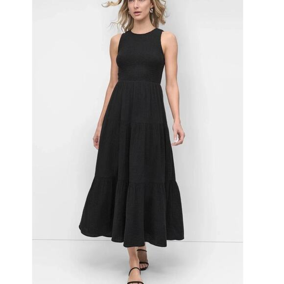 DKNY Gauze Tiered Smocked Maxi Dress | Womens S, Black NEW - Picture 1 of 8